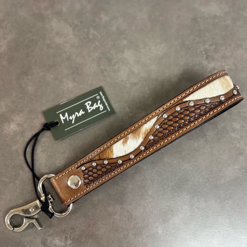 Myra Bag Bronco Wave Handtooled Leather Keyfob In Oakwood Amber